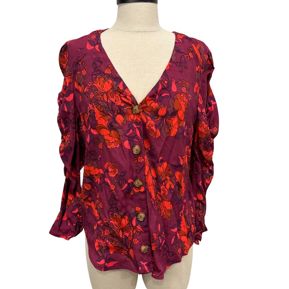 Maeve Anthropologie Womens Small Floral Ruched Sleeve Button Front‎ Blouse Plum